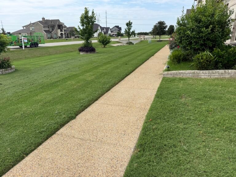 Maintained lawn and walkway on a landscaped property