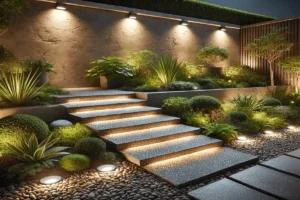 Illuminated garden steps and landscape planting beds at night